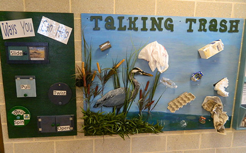 Wall display about going green and reducing trash